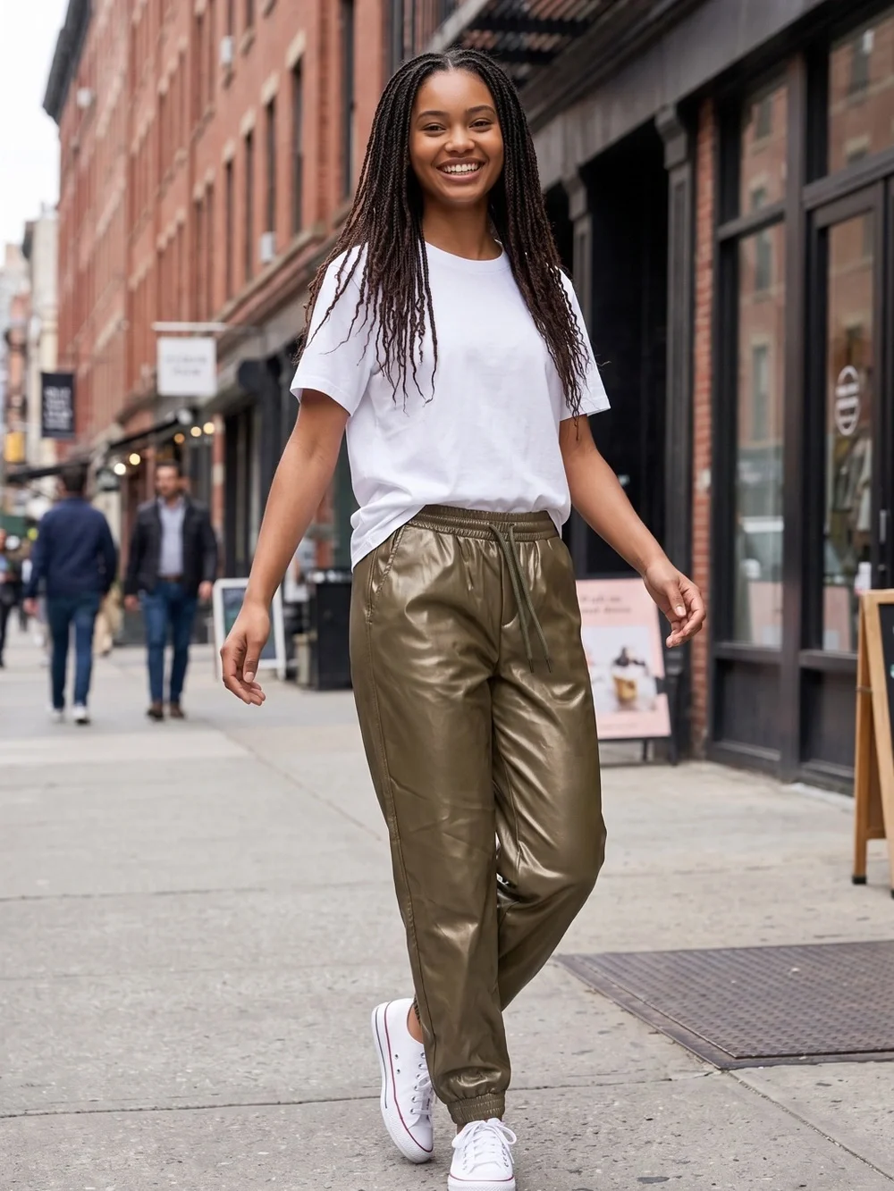 Olive Faux-Leather Jogger Pants for Women - Casual Track Style